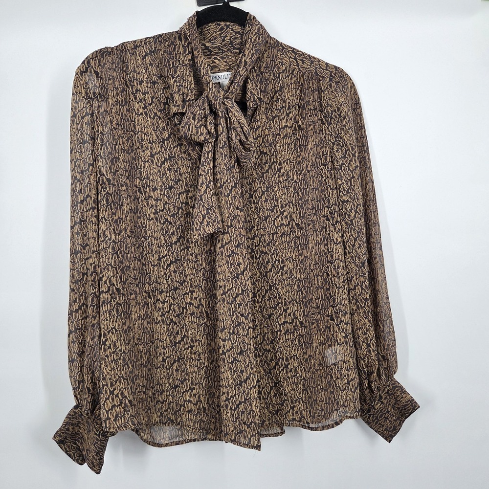 PENDLETON Brown & Black Tie-Neck Silk Chiffon Blouse Leopard Grapic Print SZ M/8